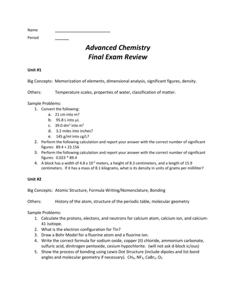 chemistry 1st semester exam review answer key