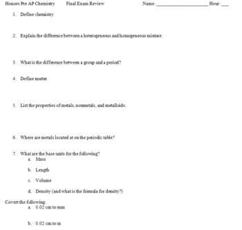 chemistry 1st semester exam review answers