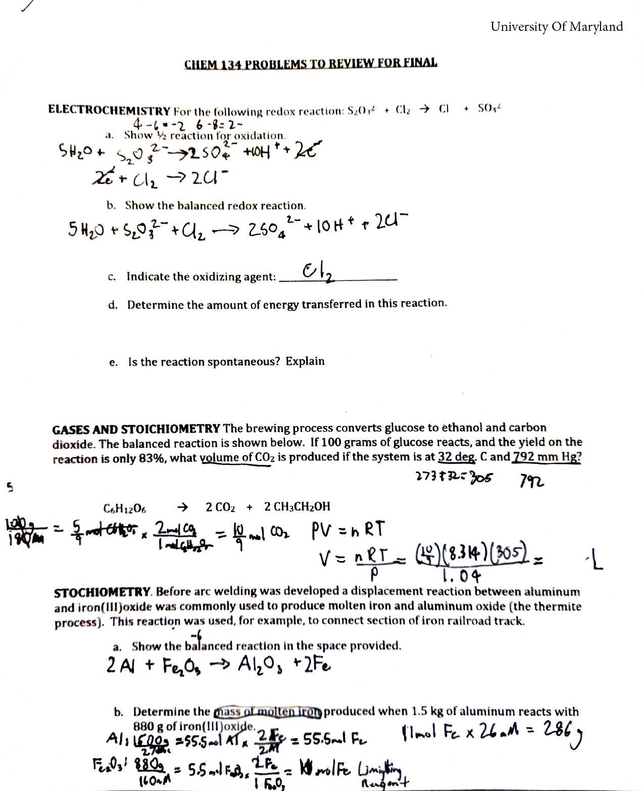 chemistry exam review answers