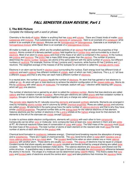 chemistry fall final exam review answer key