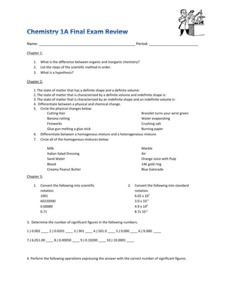 chemistry fall final exam review answer key