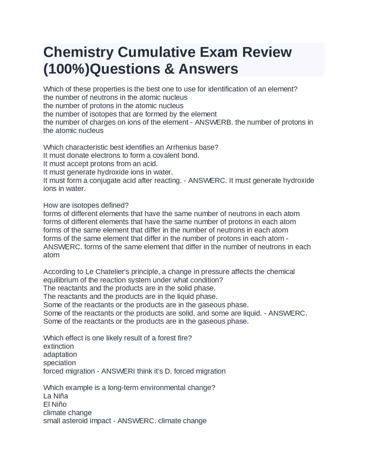 chemistry fall final exam review answer key