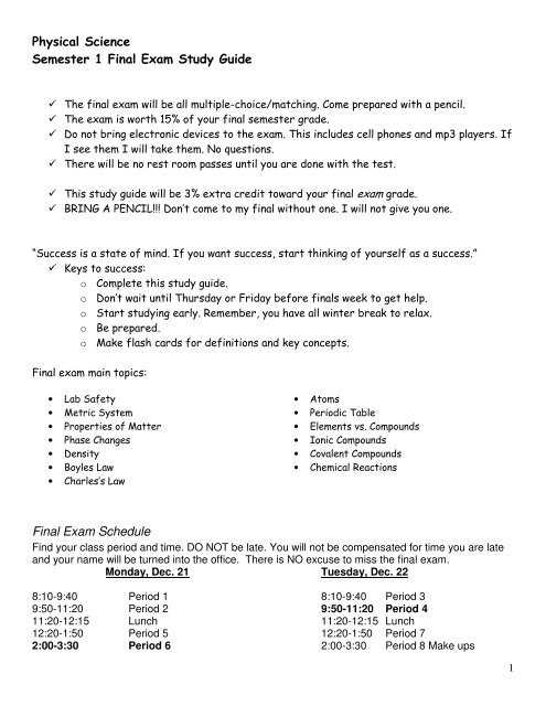 chemistry semester 1 exam answers