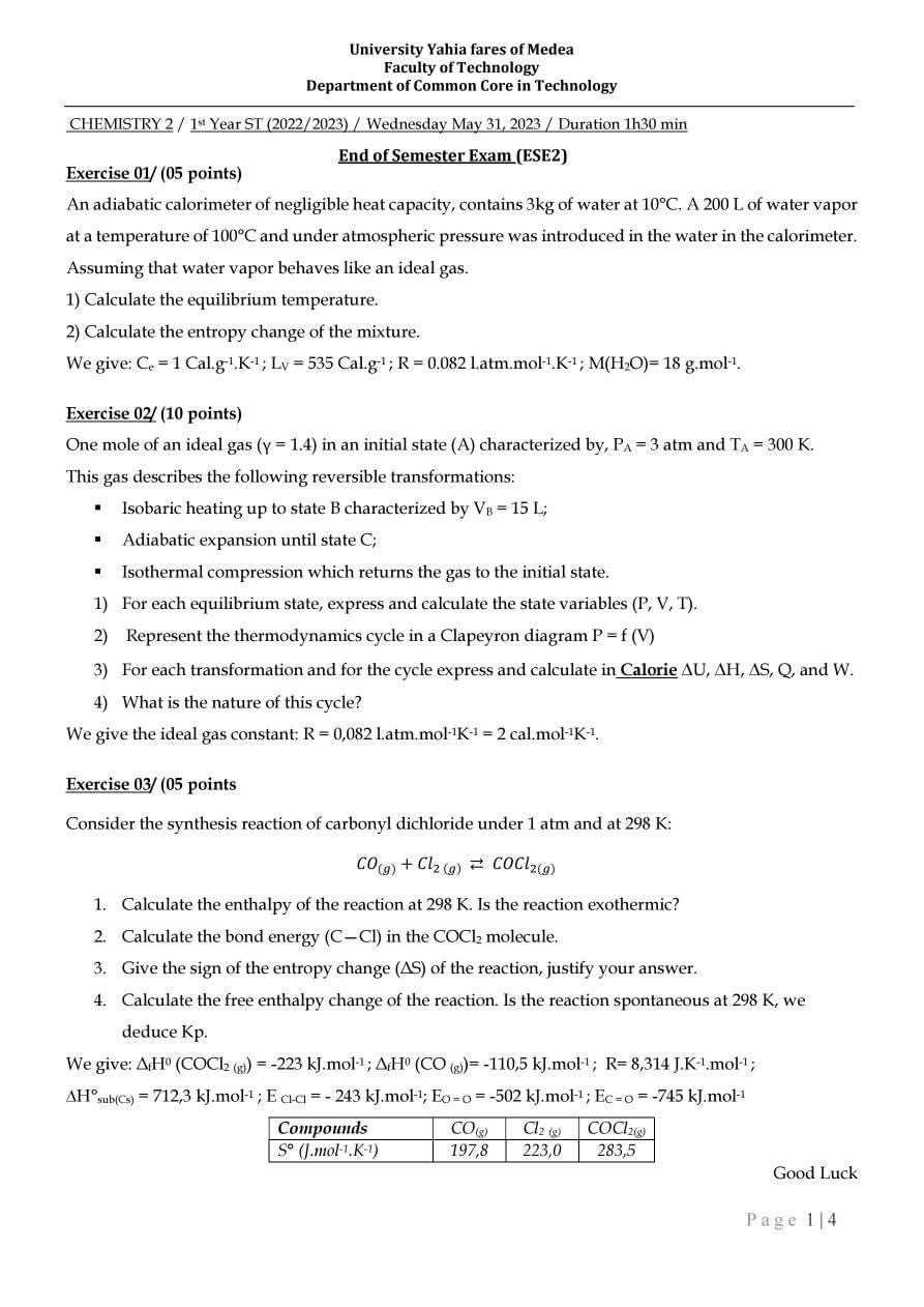 chemistry semester 1 exam answers