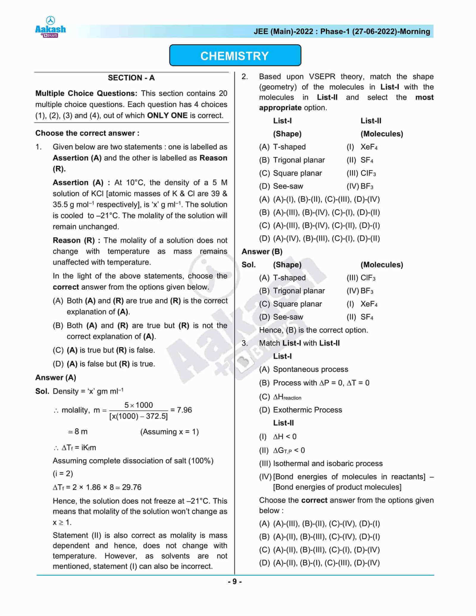 chemistry semester 1 exam answers