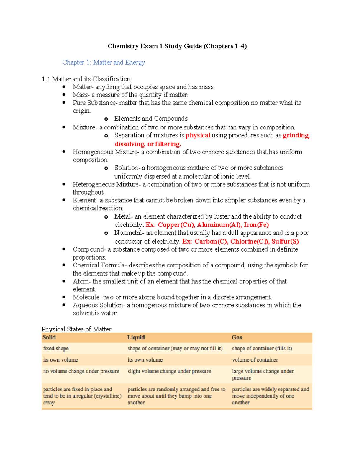 chemistry semester exam study guide