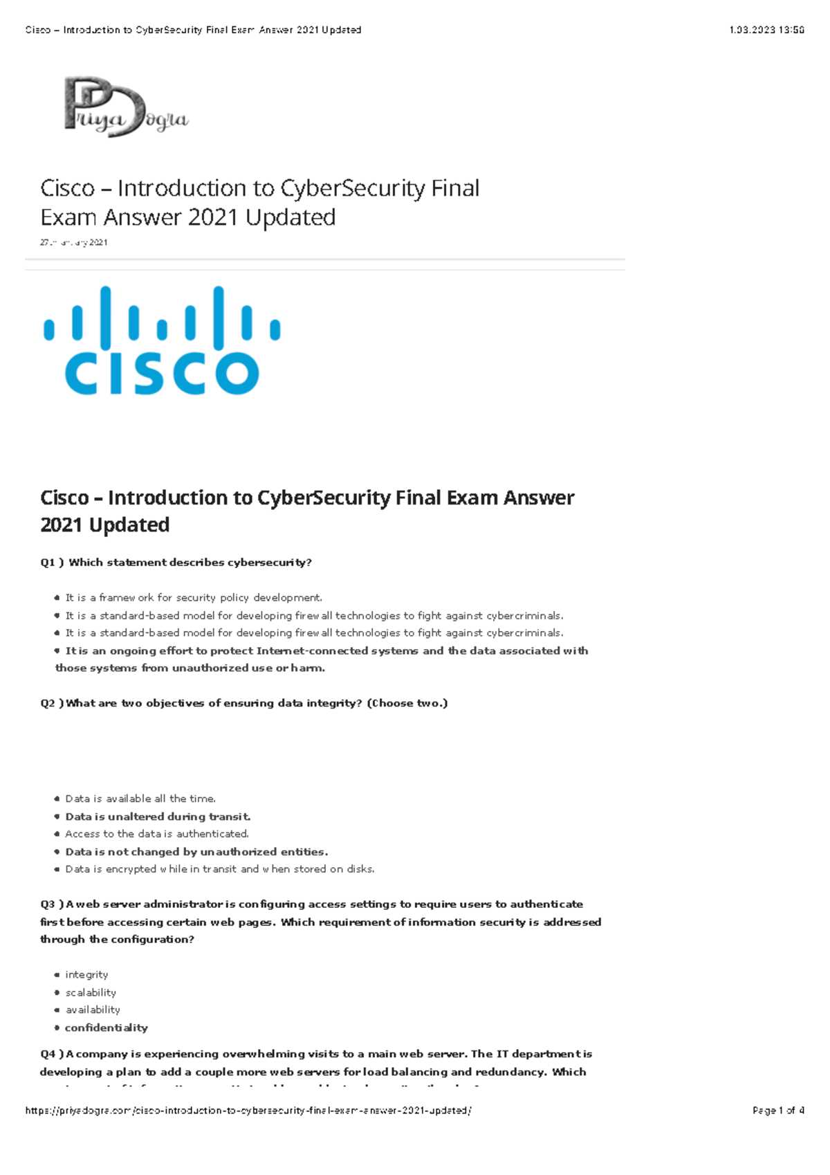 cisco final exam answers introduction to cybersecurity