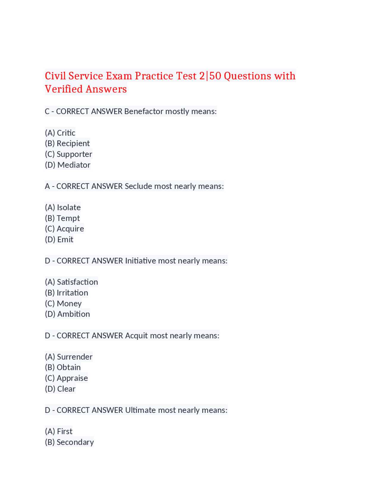 civil service promotion exam questions with answers