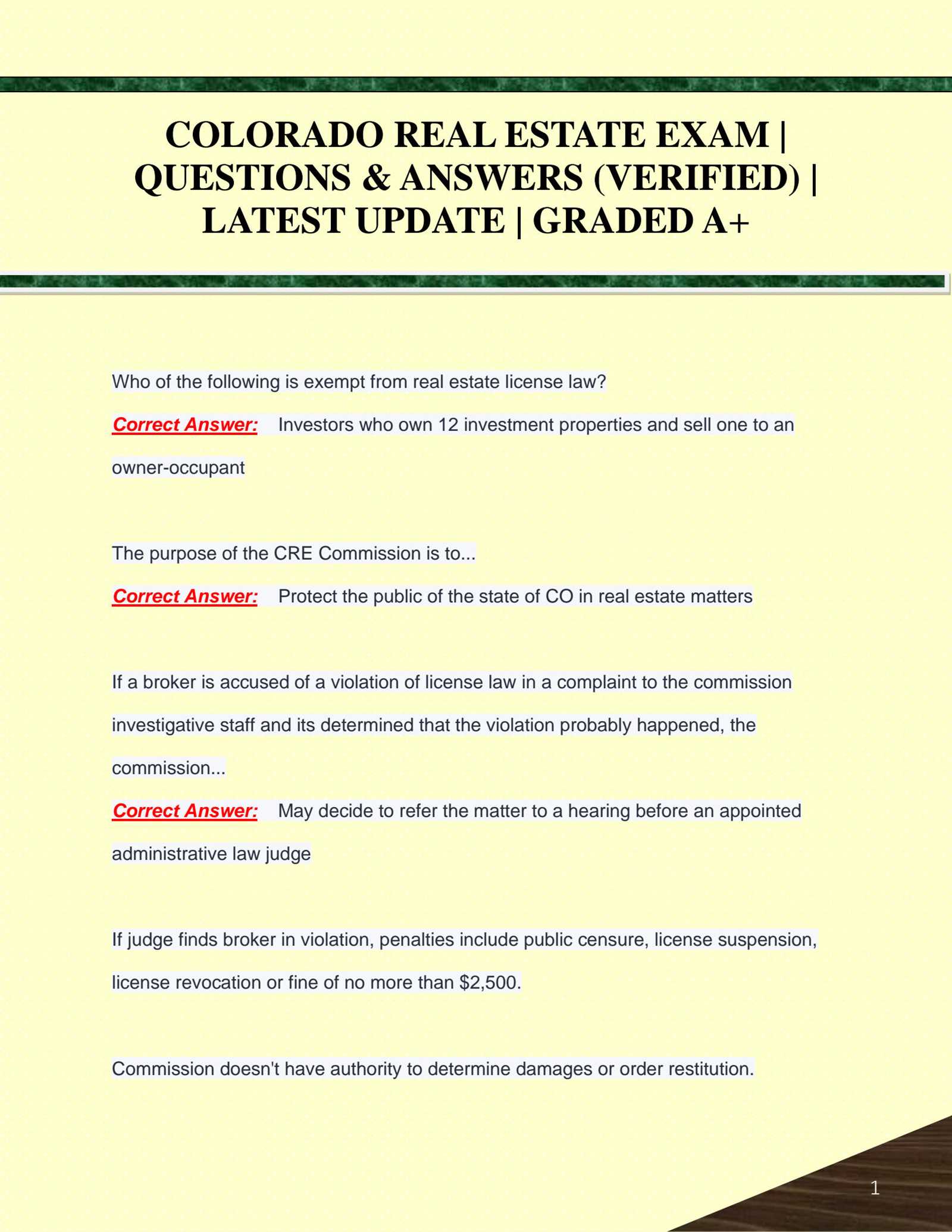 colorado real estate exam answers