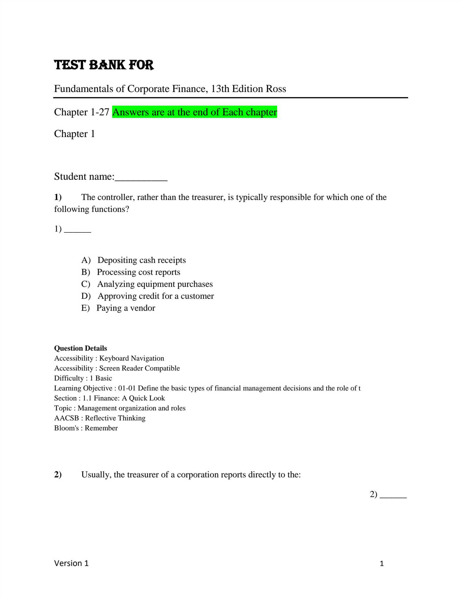 corporate finance final exam questions and answers