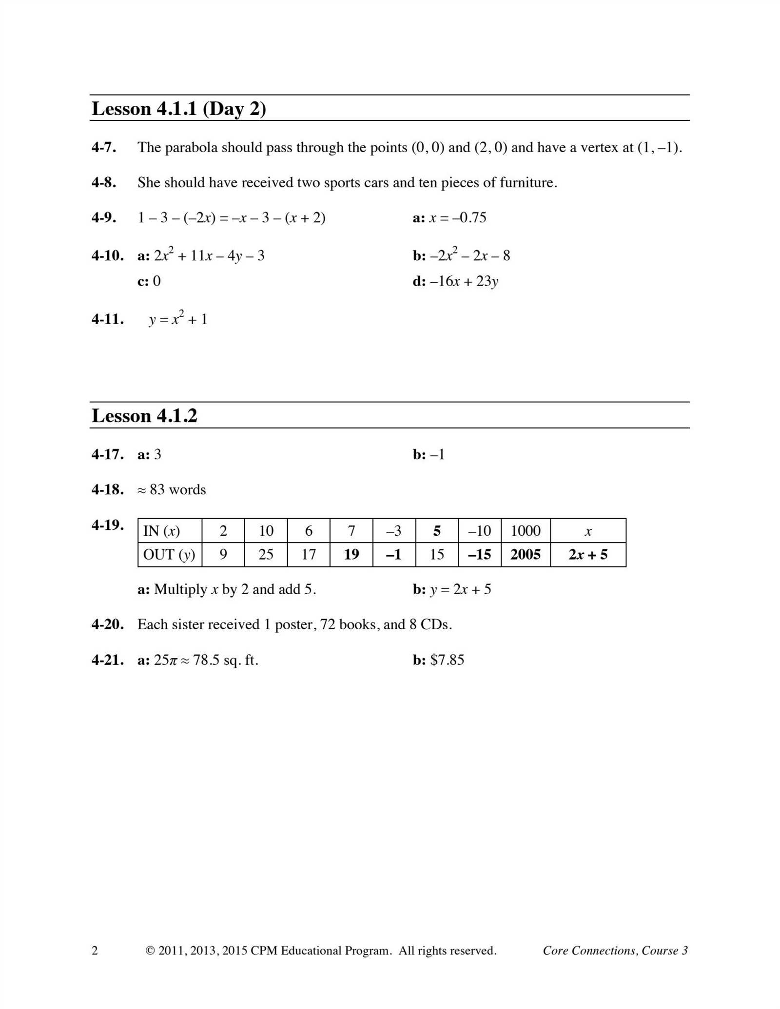 cpm algebra 1 chapter 4 answers