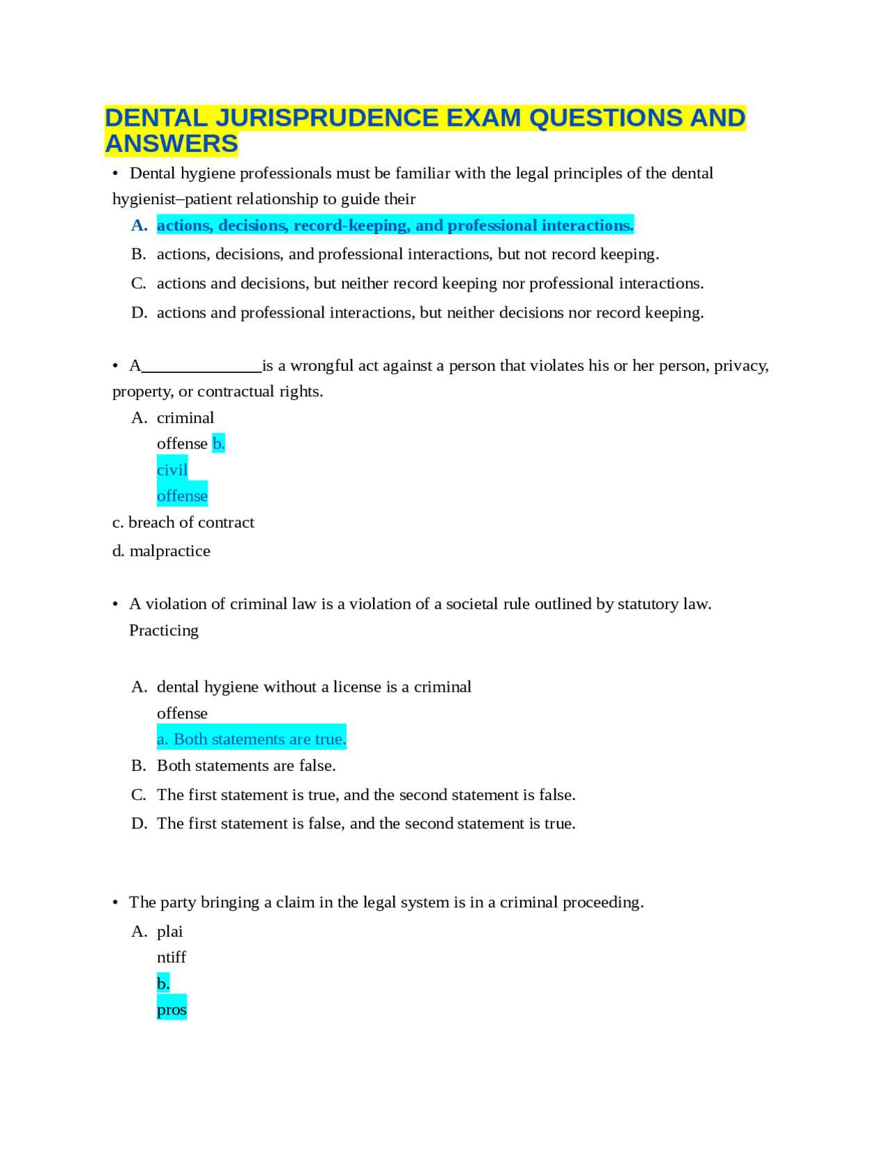 dental jurisprudence exam questions