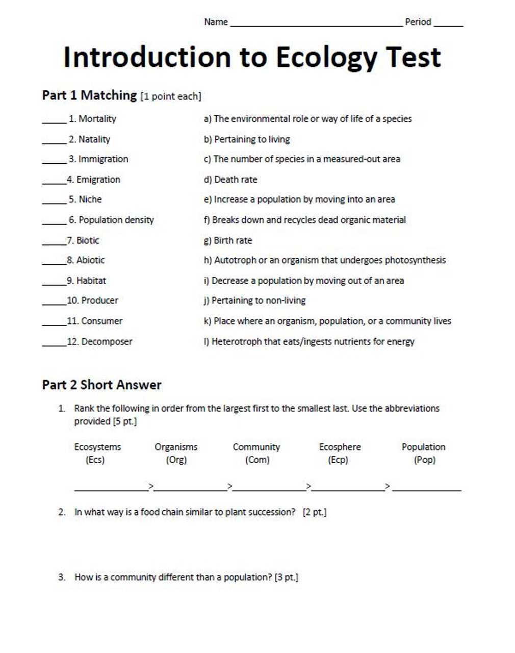 ecology exam answers