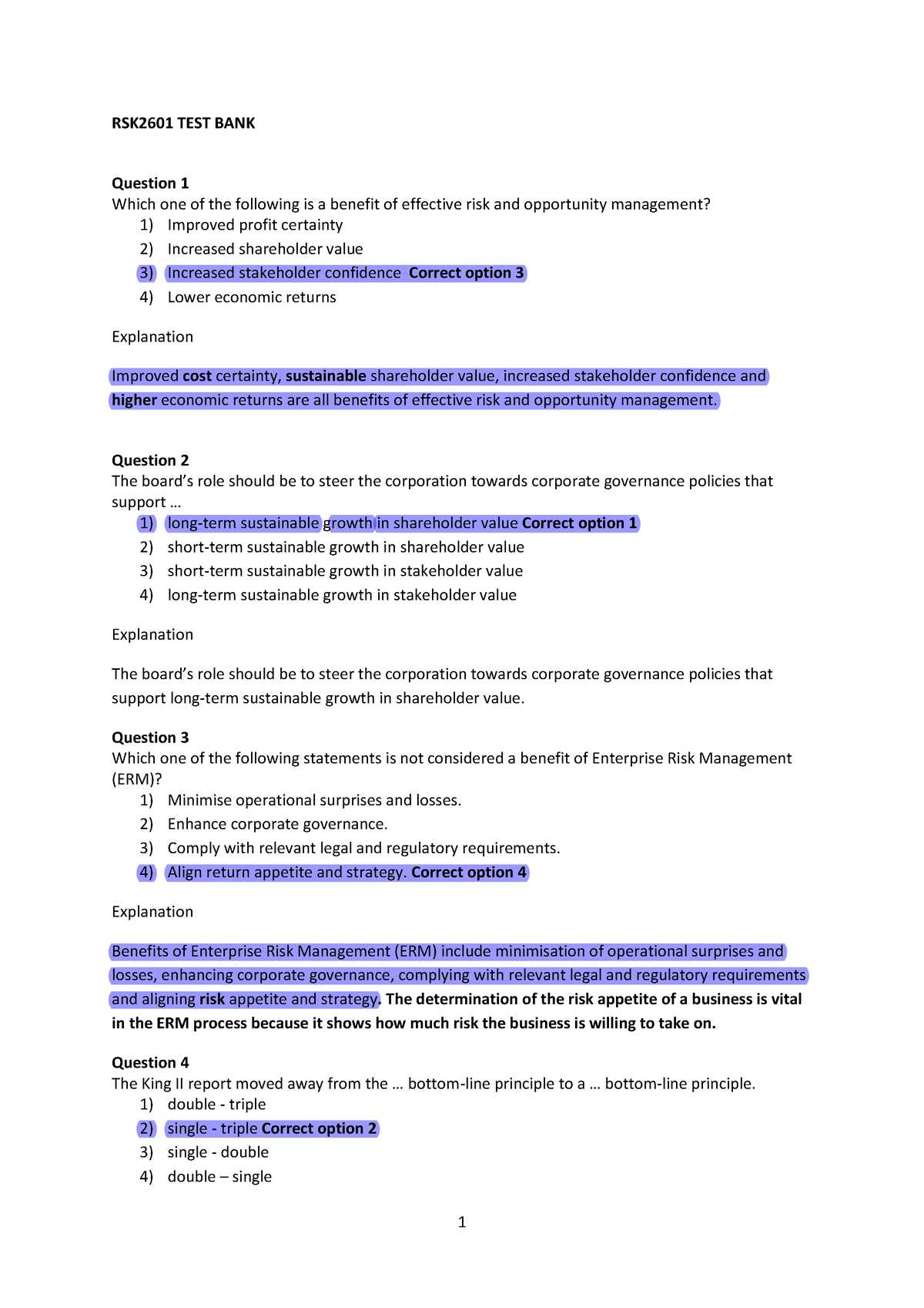 enterprise risk management exam questions and answers