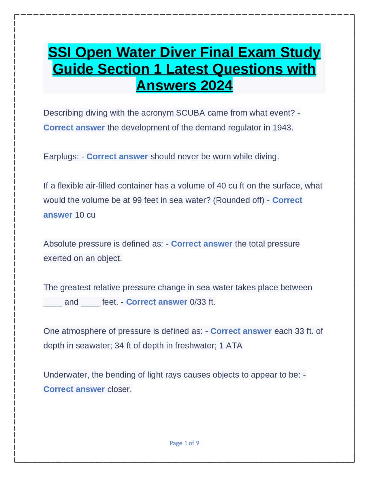 final exam padi open water exam answer key