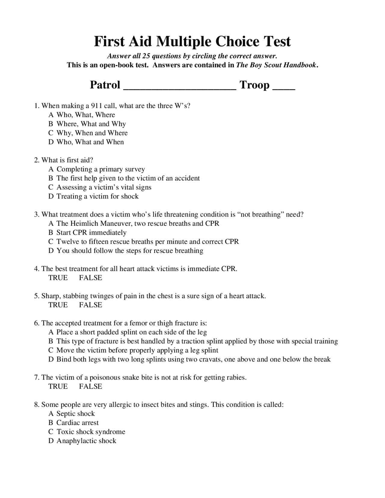 first aid exam a answer key