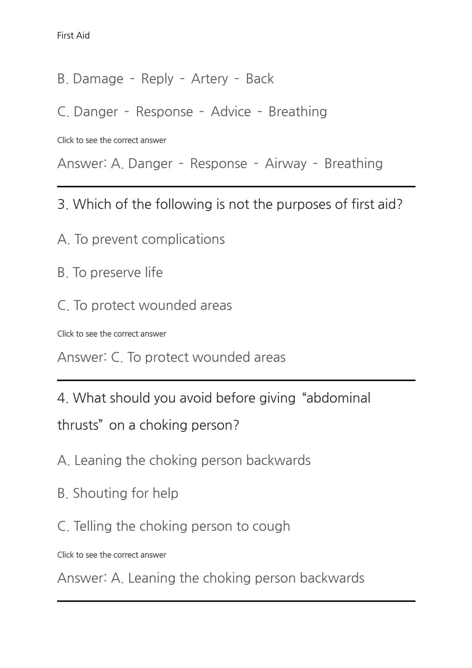 first aid training exam answers