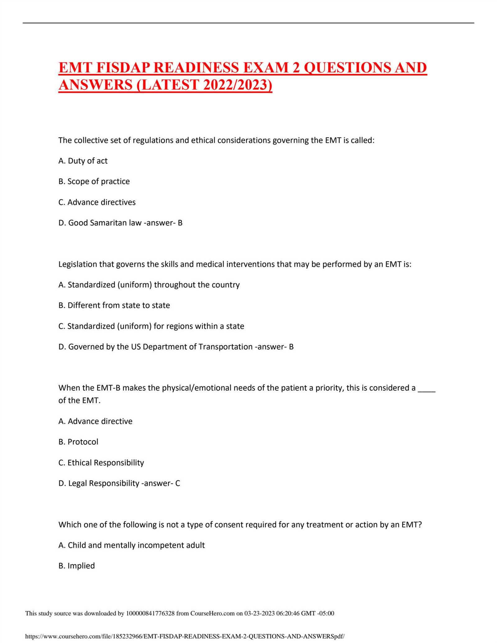 fisdap emt readiness exam 2 answers