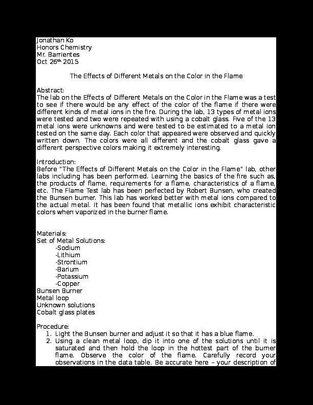 flame test lab answer key