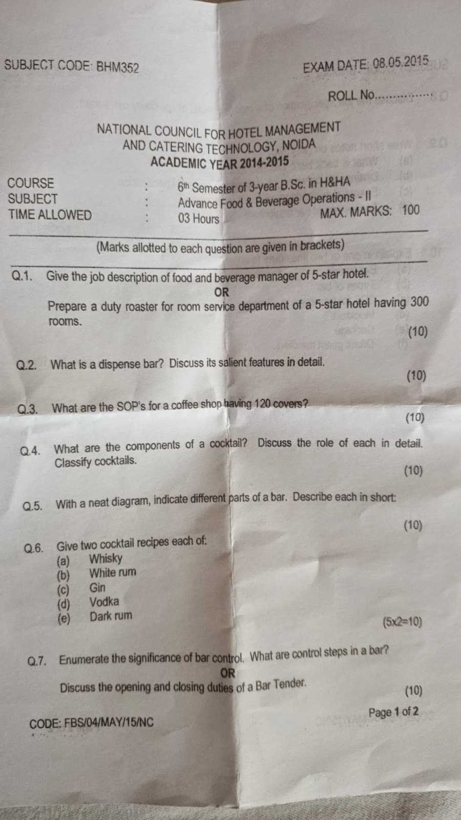 food and beverage exam questions and answers