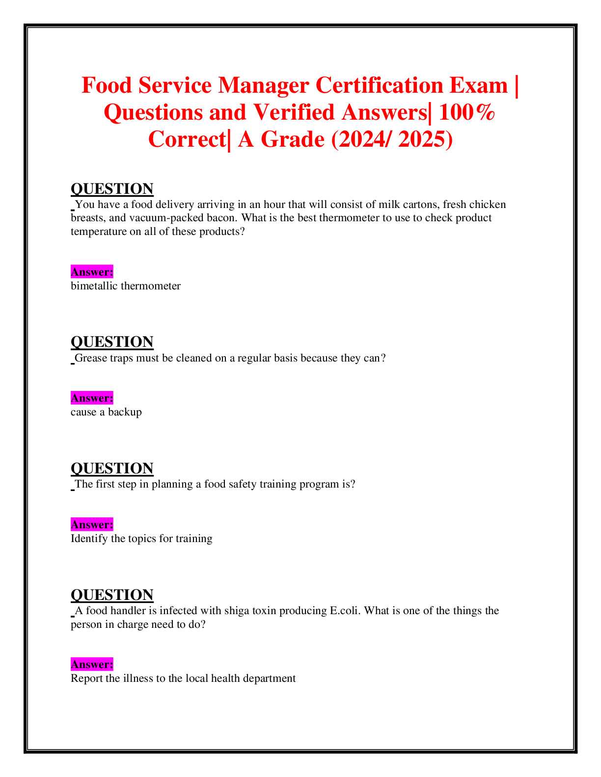 food handler classes exam answers