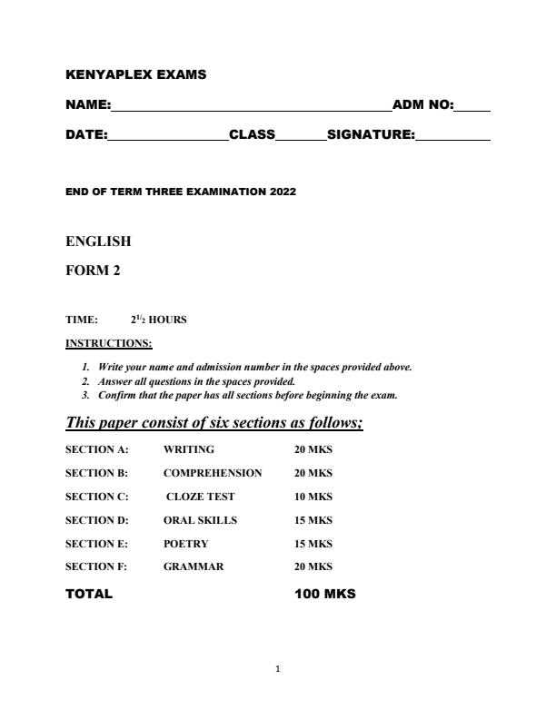 form 2 english exam paper with answer hk