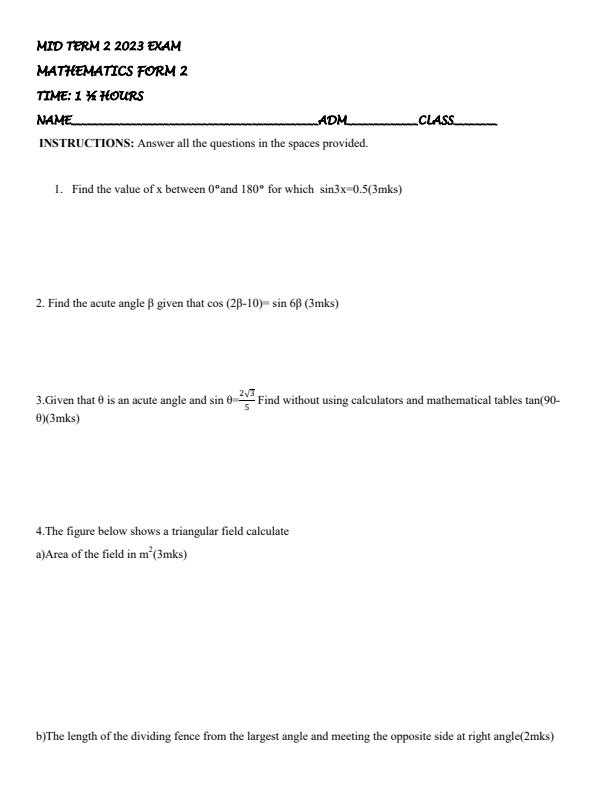 form 2 mathematics exam paper with answer