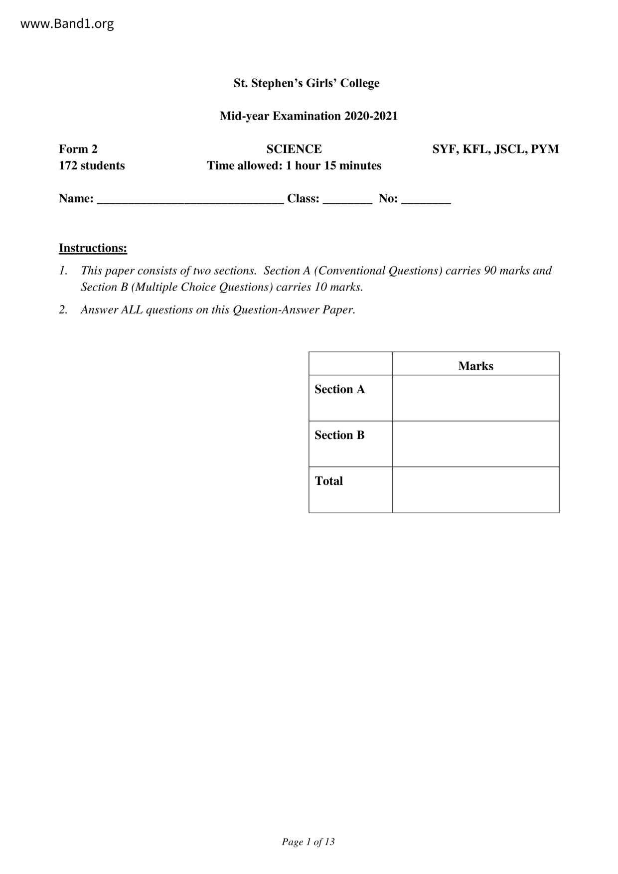 form 2 science exam paper with answer hk