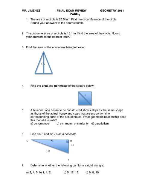 geometry final exam review answers