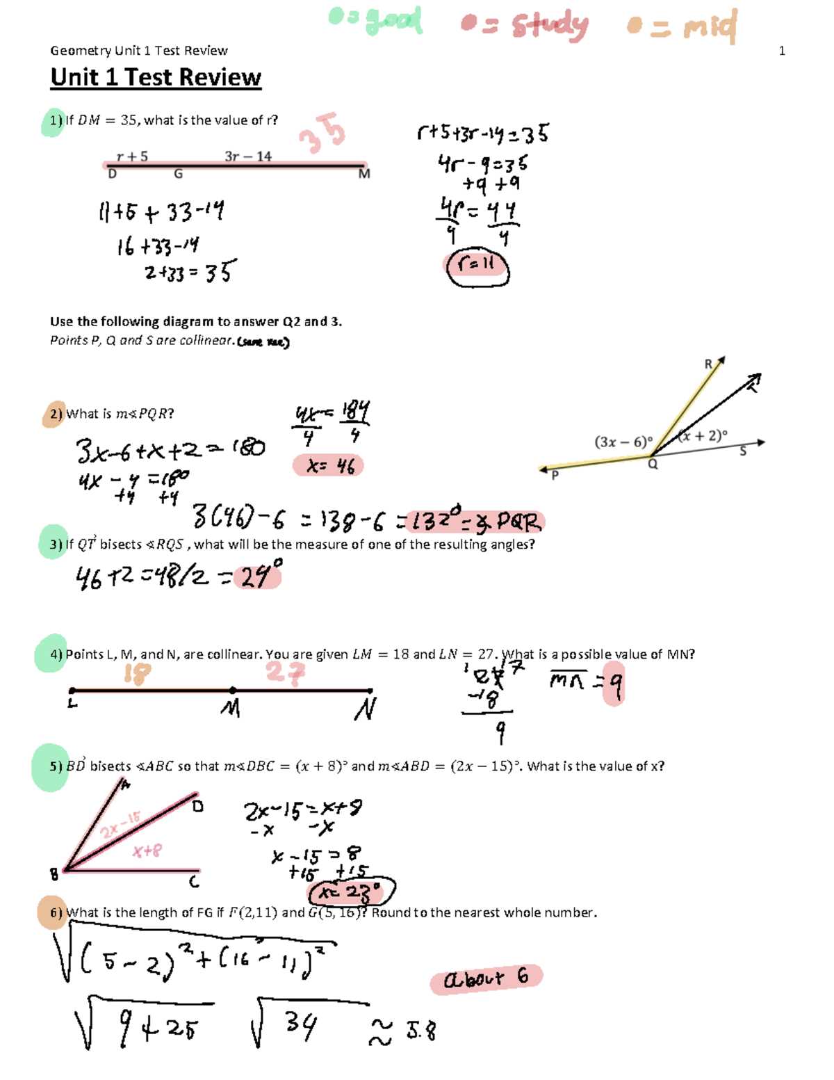 geometry unit 1 review answers