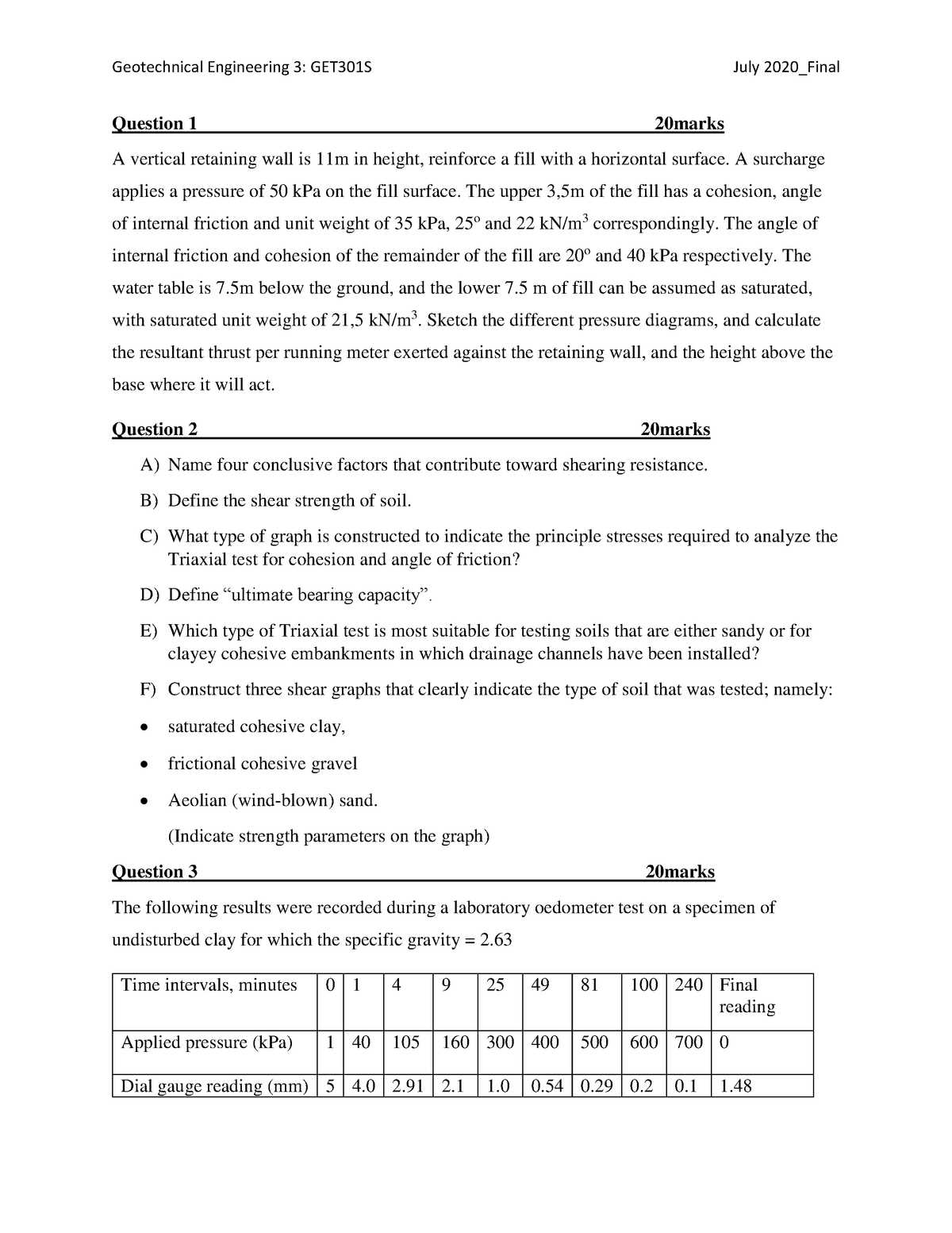 geotechnical engineering exam questions and answers