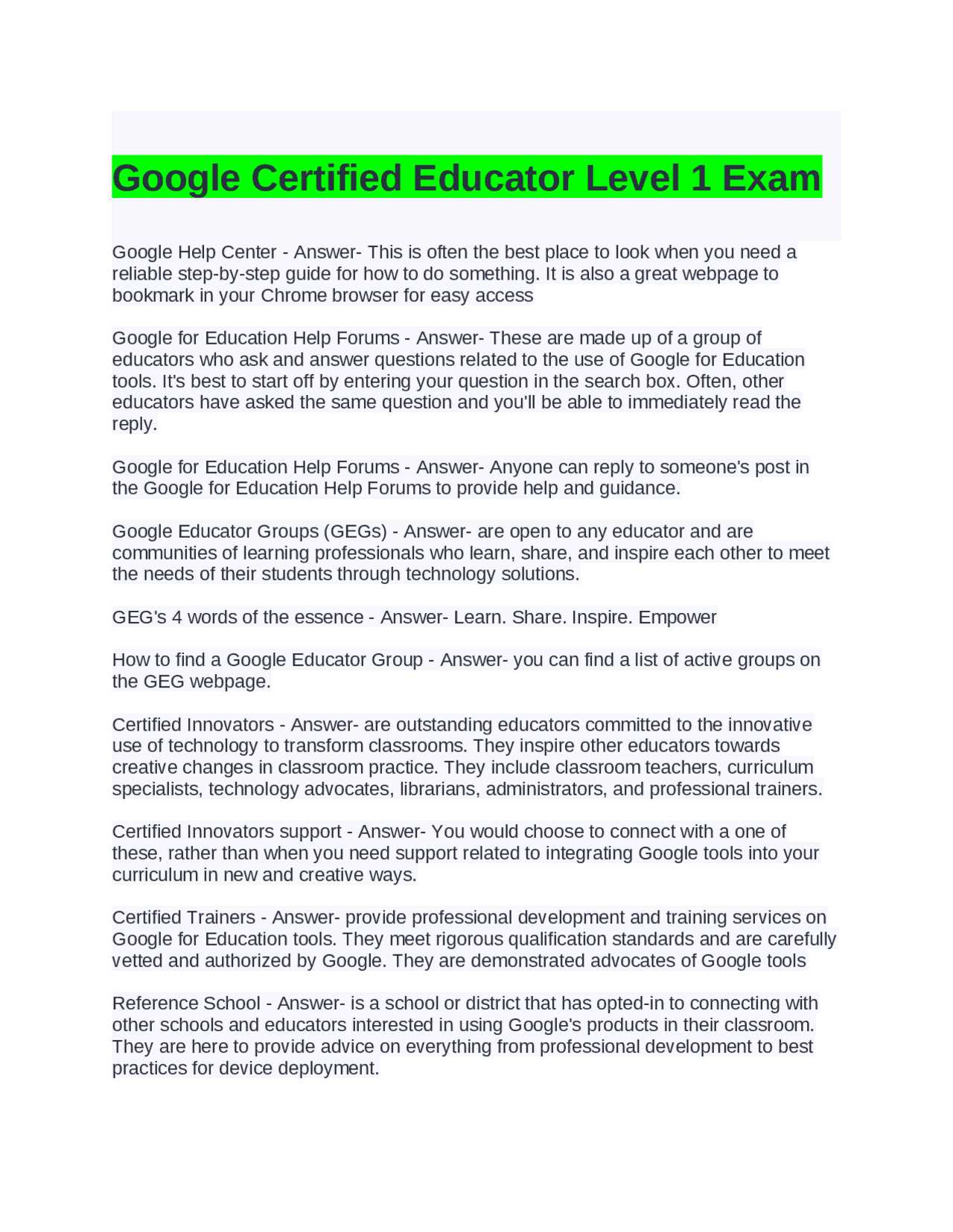 google educator level 1 exam answers 2025