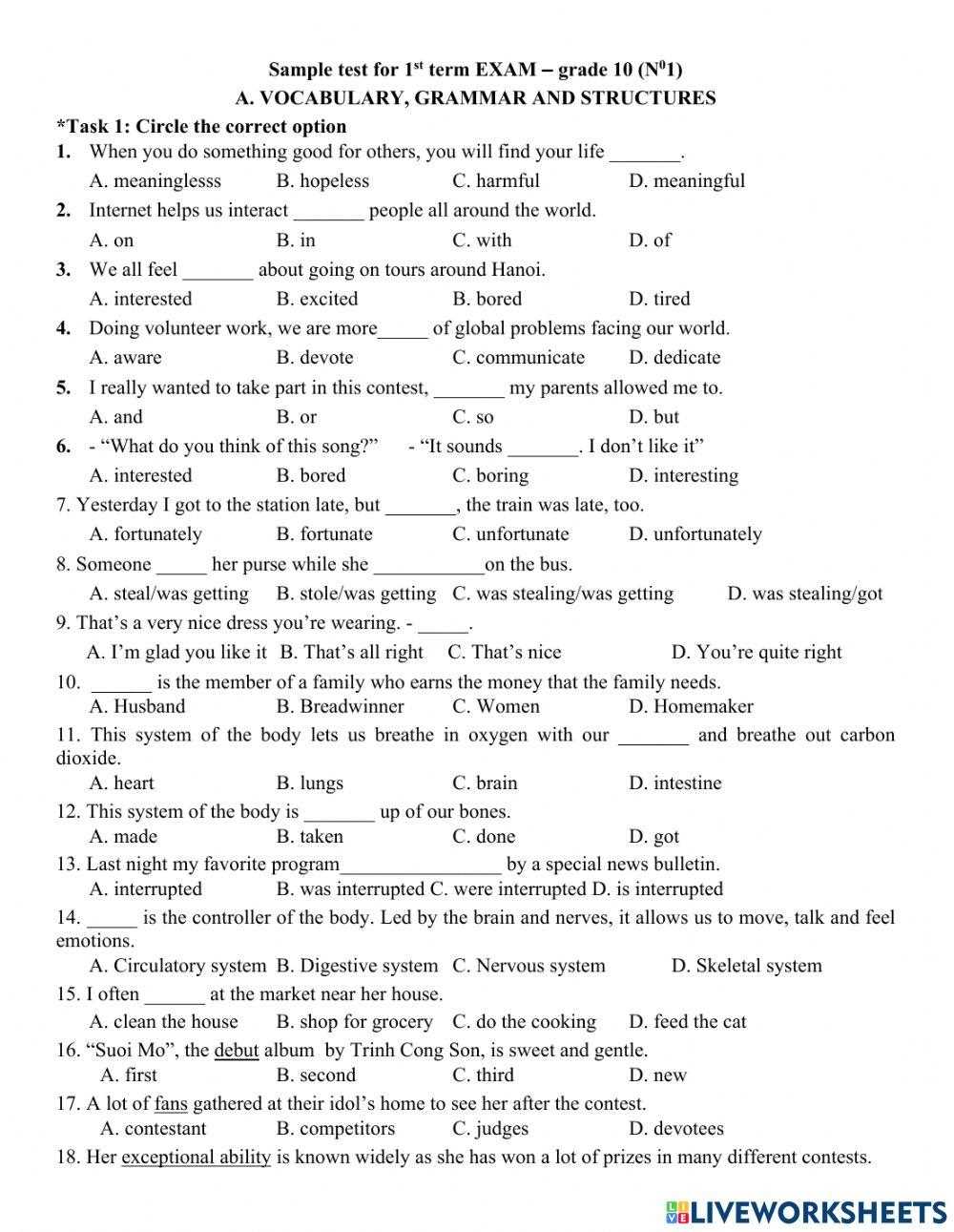 grade 10 english exam questions and answers