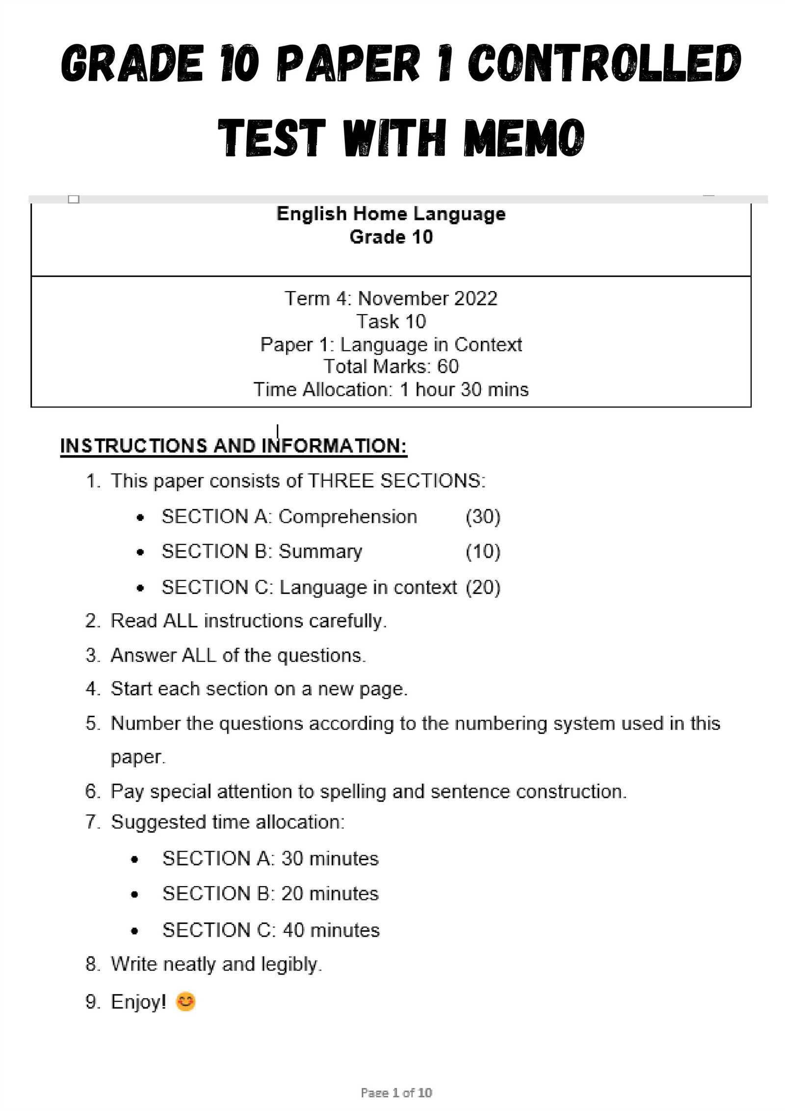 grade 10 english exam questions and answers