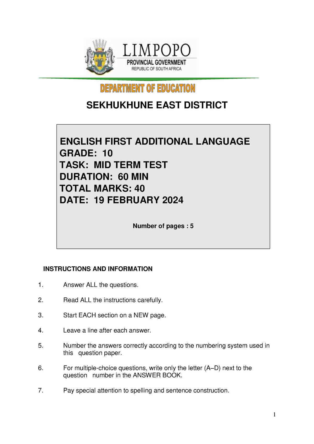 grade 10 english exam questions and answers