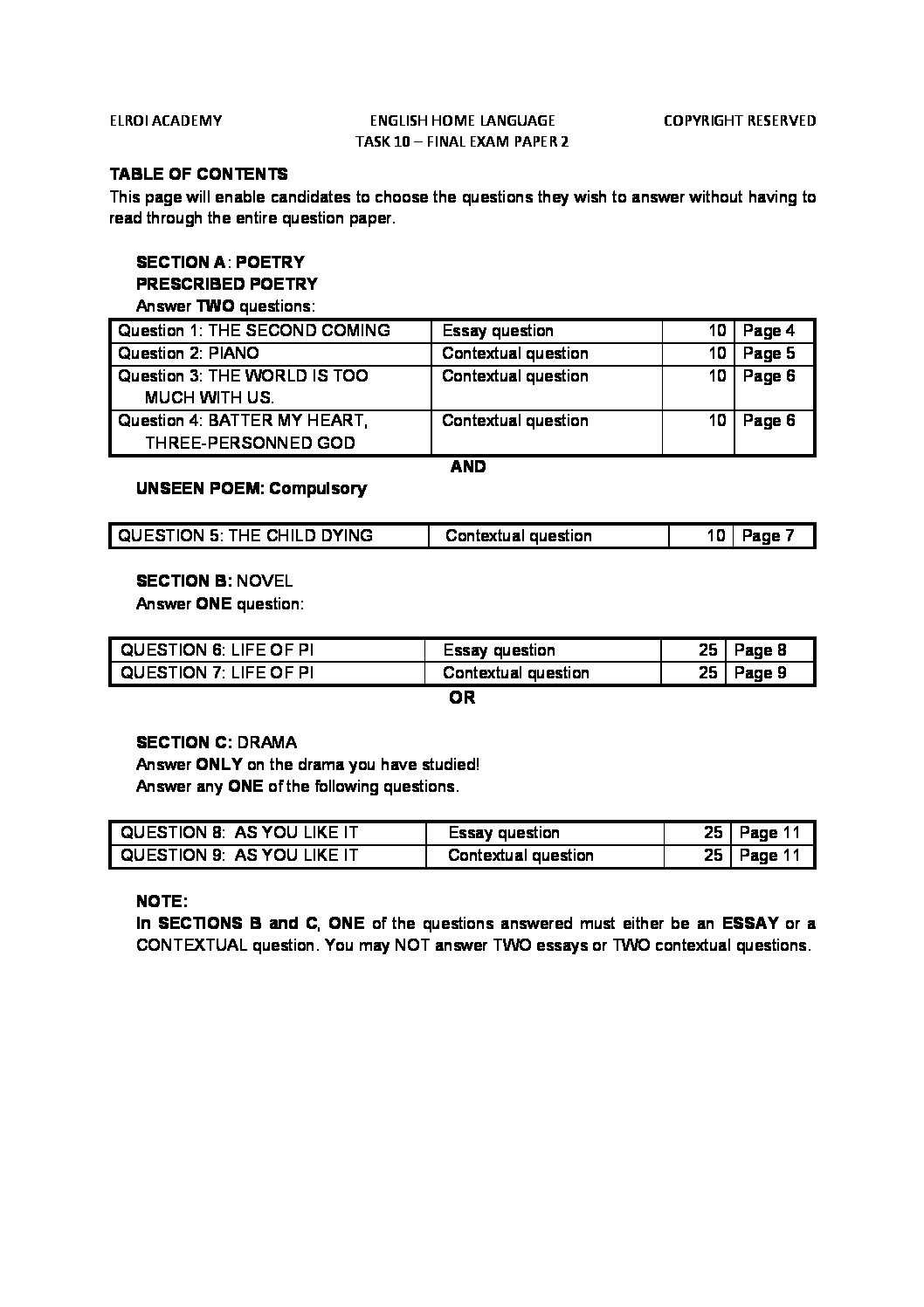 grade 10 english exam questions and answers