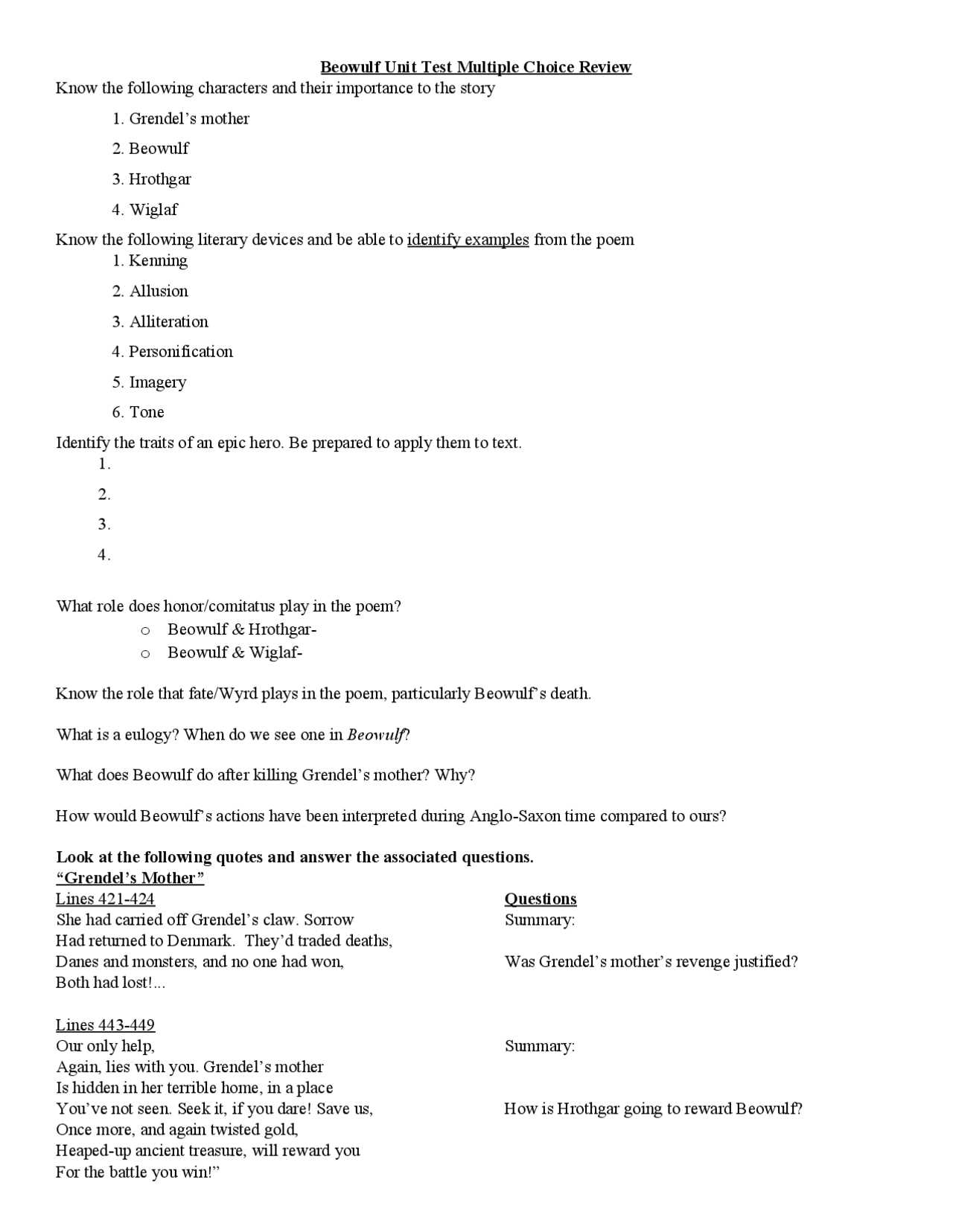 grendel test questions and answers