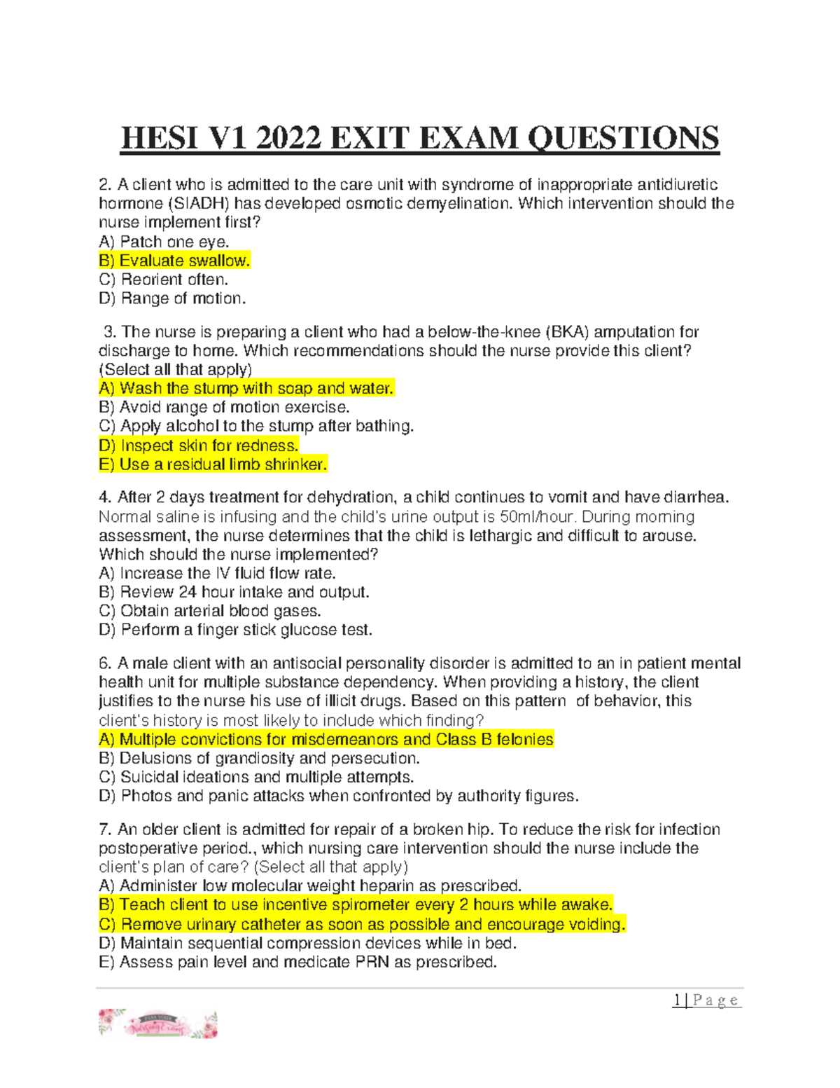 hesi exit exam answers