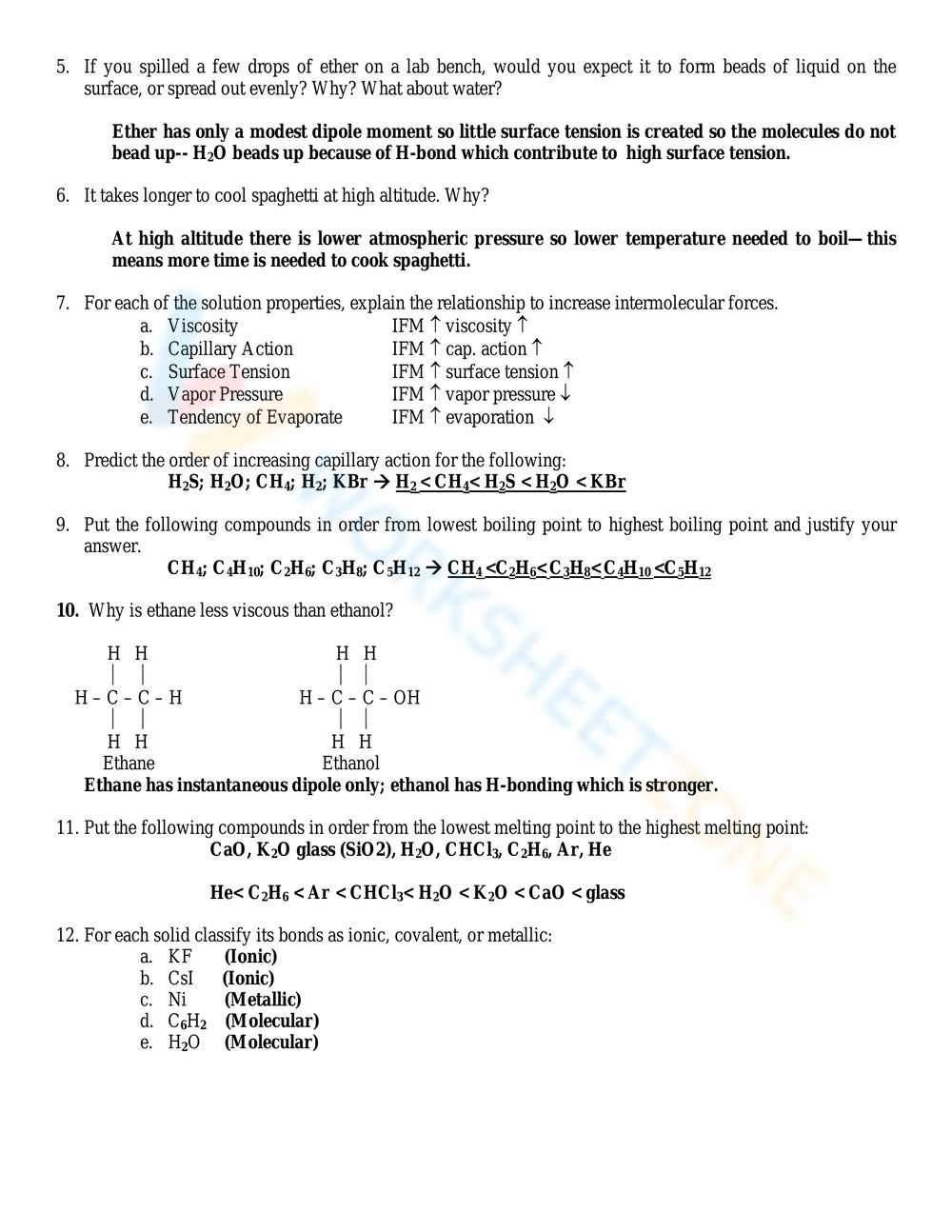 intermolecular forces worksheet answer key