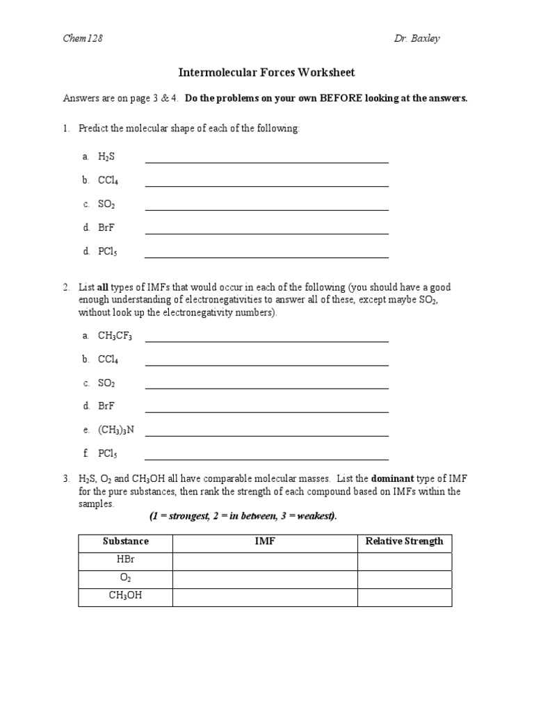 intermolecular forces worksheet answer key