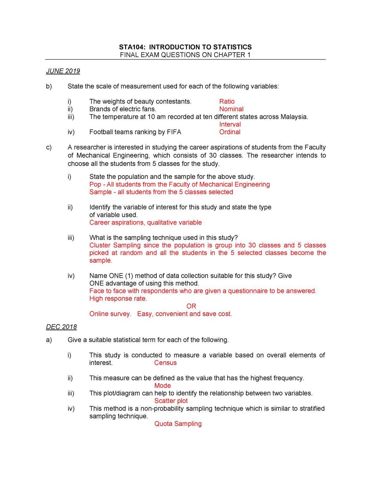 introduction to statistics final exam answers