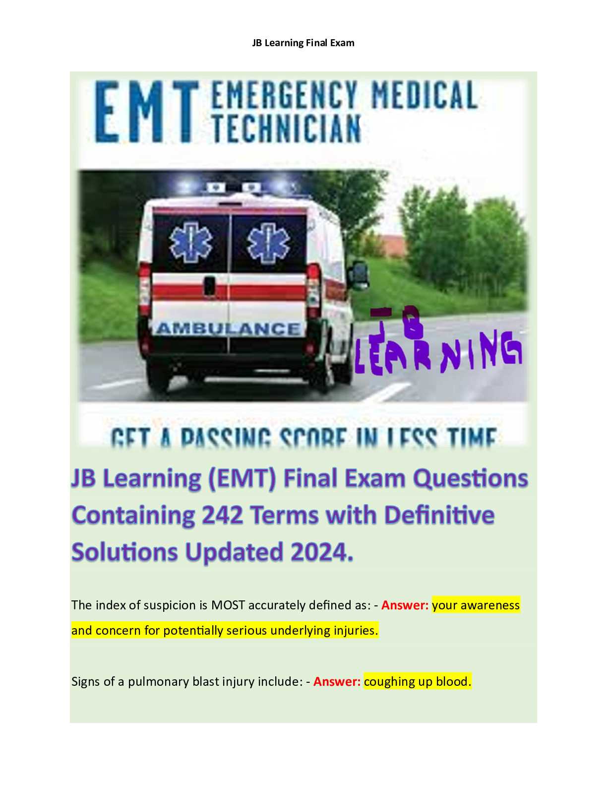 jblearning emt final exam answers