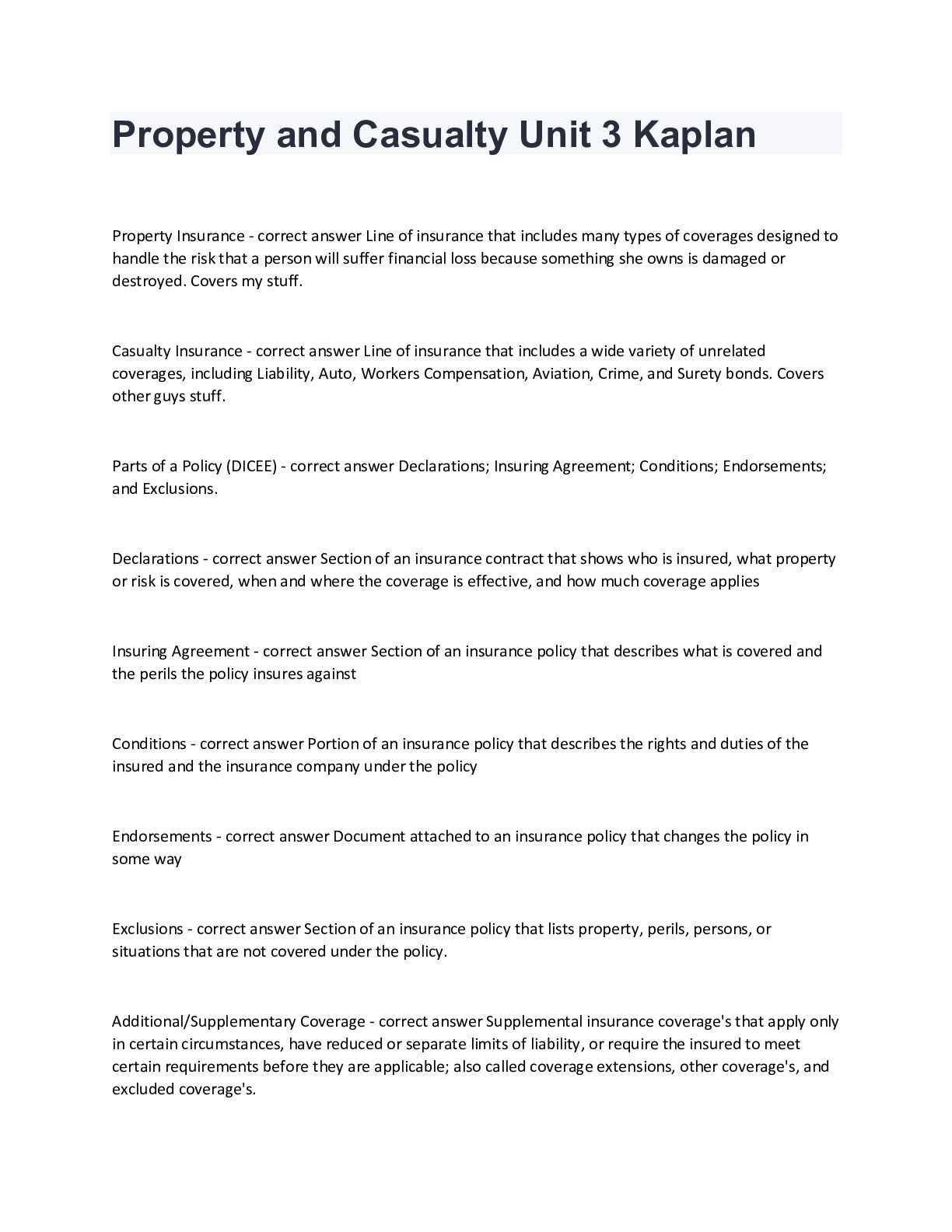 kaplan property and casualty exam answers