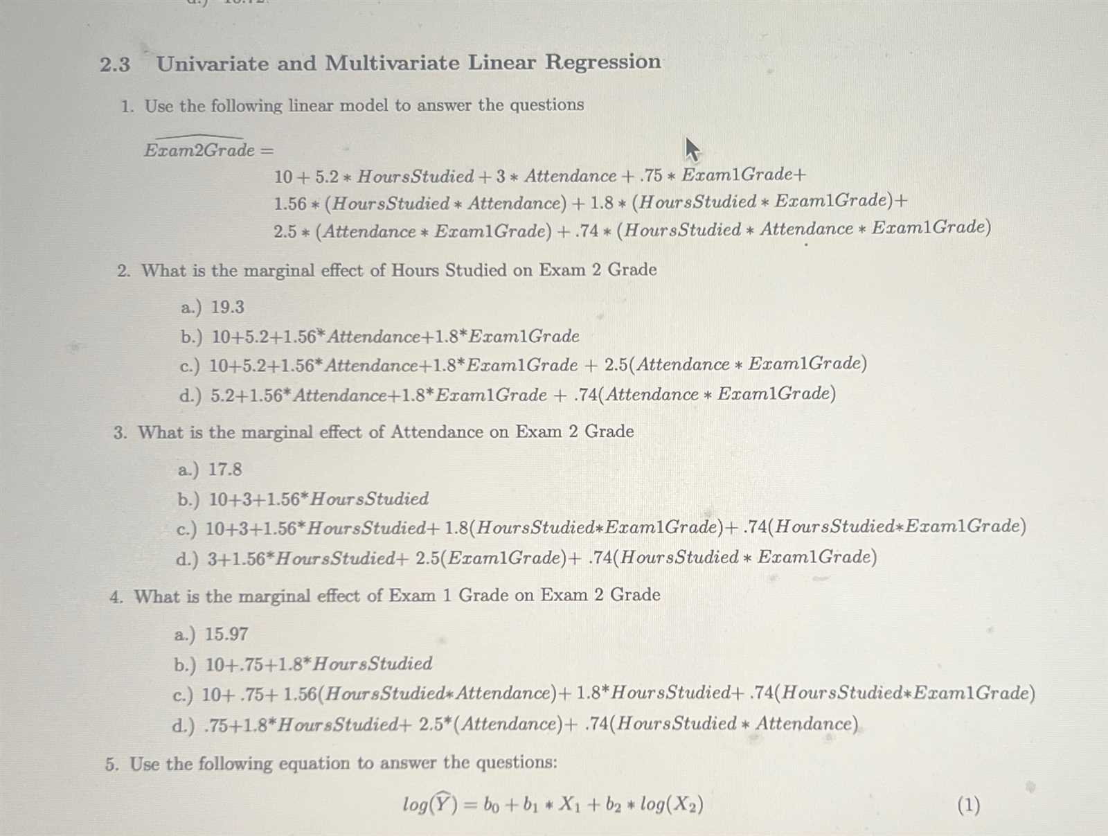 linear regression exam questions and answers