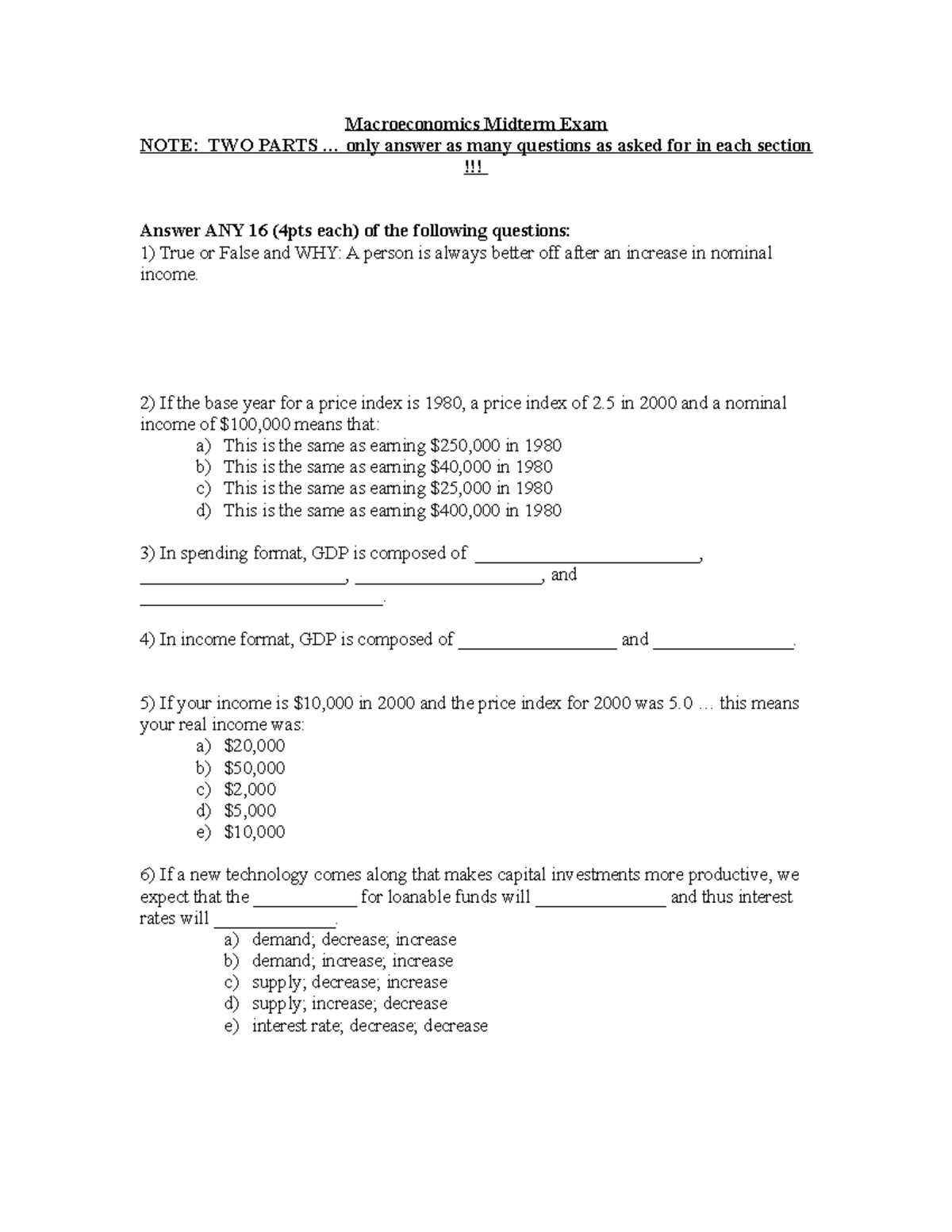 macroeconomics midterm exam answers