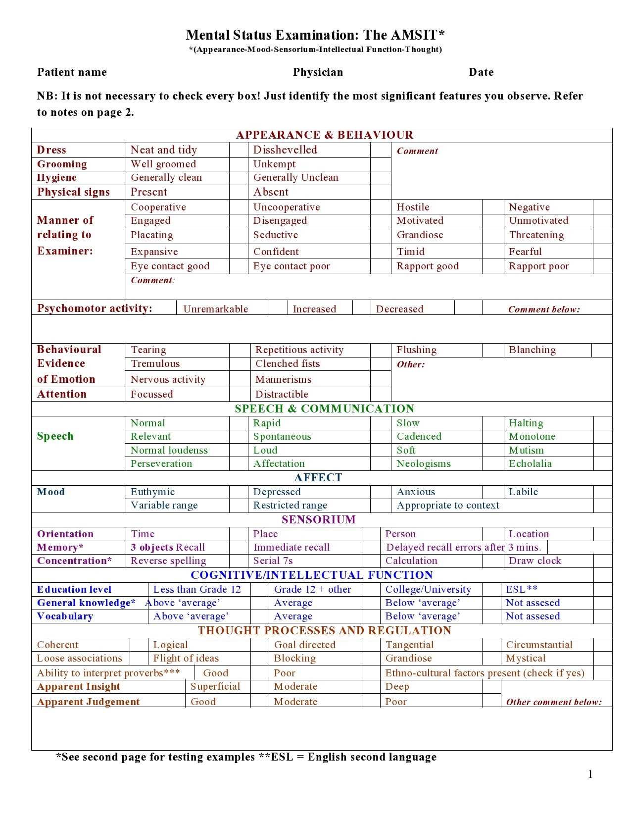 mental status exam affect descriptors