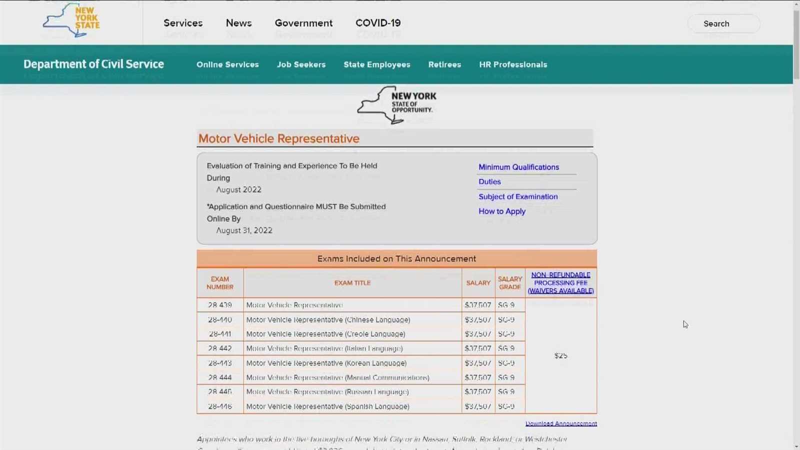 motor vehicle representative civil service exam