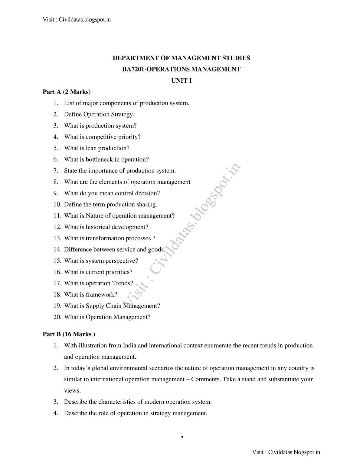 operations management mba exam questions and answers