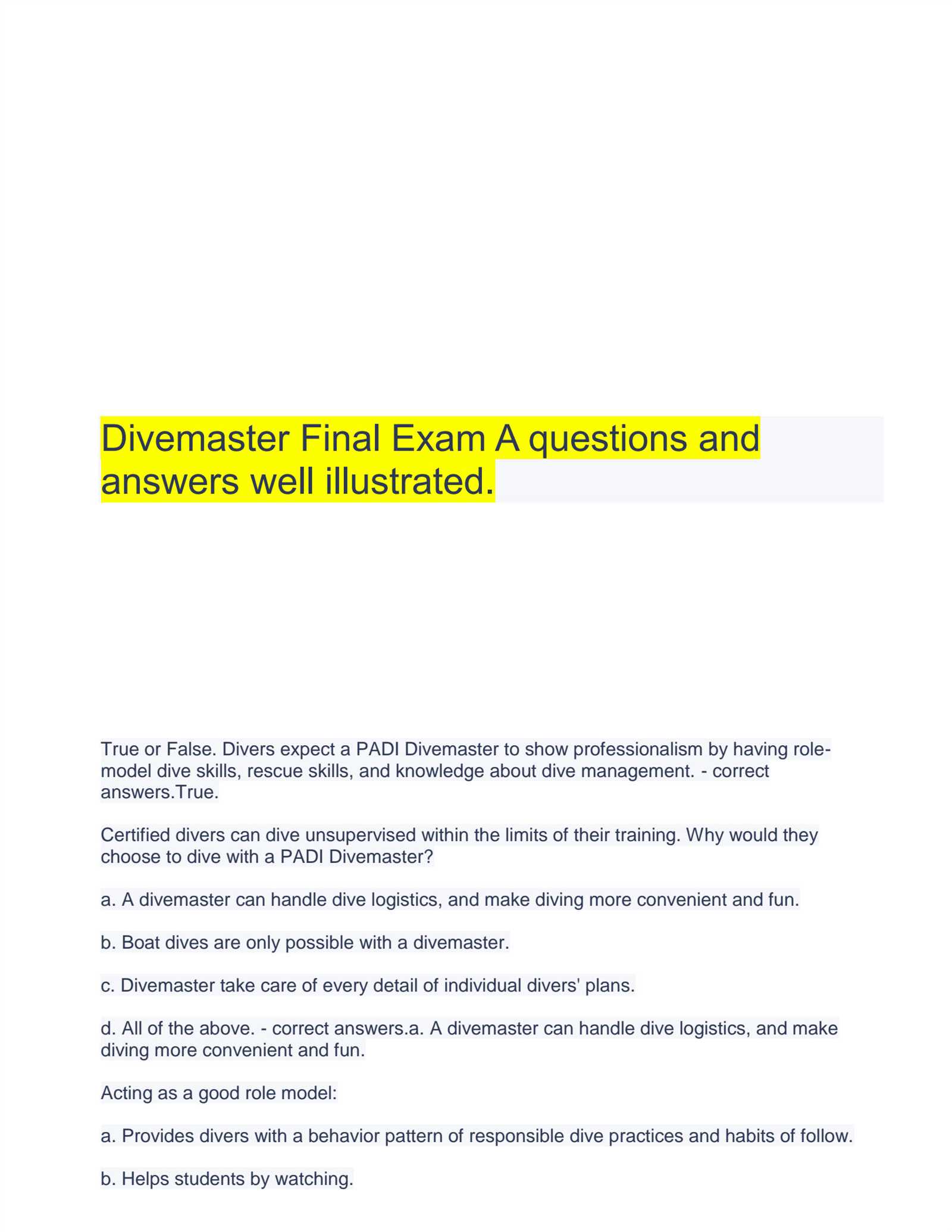 padi divemaster exam answers