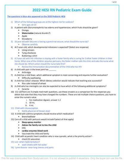 pediatric nursing exam questions answers